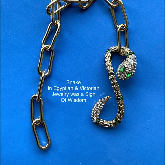 Snake Clasp paper Clip Chain Bracelet Green Eyes Rhinestone Snake. - Picture 2 of 8